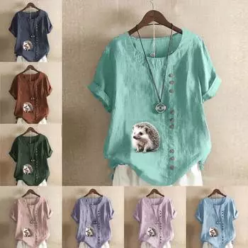 Женская модная футболка с круглым вырезом и коротким рукавом с принтом «Ежик», повседневная рубашка из хлопка и льна с рисунком, свободная летняя блузка для отдыха, топы S розовый