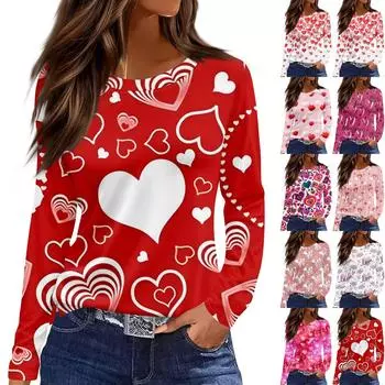 Women s Fashion Hem Slit Casual Valentine s Day Printed Round Neck Long Sleeve Top L горячий розовый