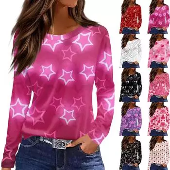 Women s Fashion Hem Slit Casual Valentine s Day Printed Round Neck Long Sleeve Top L чёрный