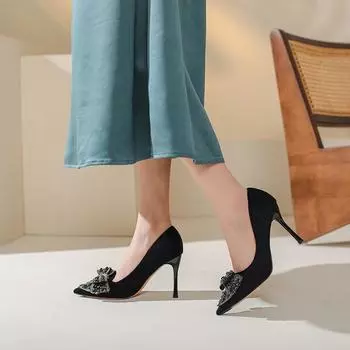 Women s Fashion High Heels Pointed Toe Shallow Mouth Beaded Butterfly Knot Temperament Slip-on Shoes 34