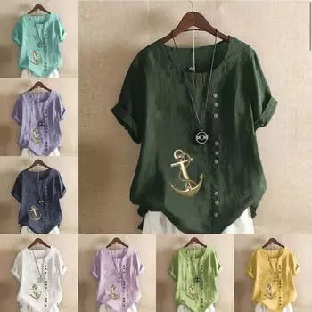 Women s Fashion Hook Prined Round Neck Short Sleeve T-shirt Casual Cotton Linen Graphic Shirt Leisure Loose Summer Blouse Tops S розовый