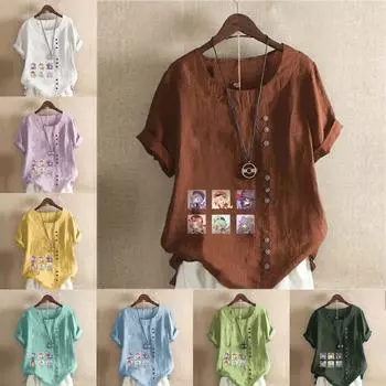 Women s Fashion King Hero Prined Round Neck Short Sleeve T-shirt Casual Cotton Linen Graphic Shirt Leisure Loose Summer Blouse Tops S розовый