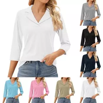 Женский модный топ для отдыха с семиточечным рукавом и V-образным вырезом, со вставками на манжетах и принтом L чёрный