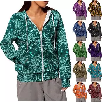 Women s Fashion Leopard Print Long Sleeve Coat Pocket Loose Zipper Hooded Sweatshirt Jacket M темно-фиолетового