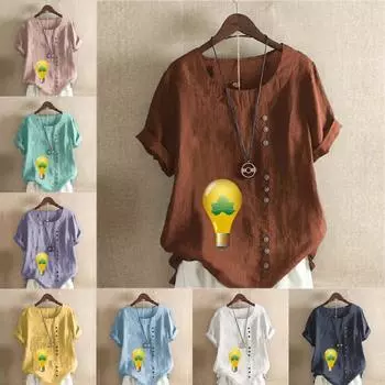 Женская модная футболка с круглым вырезом и коротким рукавом с принтом в виде лампочки, повседневная рубашка из хлопка и льна с рисунком, свободная летняя блузка для отдыха, топы S розовый