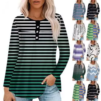 Women s Fashion Long Sleeve Casual T-Shirt Round Neck Button Patchwork Pleated Stripe Patchwork Printed Top L белый