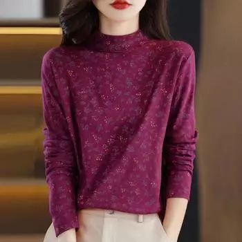Women s Fashion Long Sleeve Double-Sided Velvet Floral Print Base Layer Shirt Half High Neck Warm T-Shirt Top L винный