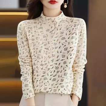 Women s Fashion Long Sleeve Double-Sided Velvet Floral Print Base Layer Shirt Half High Neck Warm T-Shirt Top L бежевый