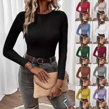 Женская мода Длинные рукава Пуловеры Свитера Тонкие ребристые вязаные свитера Осень Зима Джемперы Свитер S кофейный