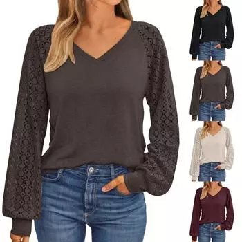 Women s Fashion Long Sleeve Shirt V Neck Lace Top Business Casual Shirt L бежевый