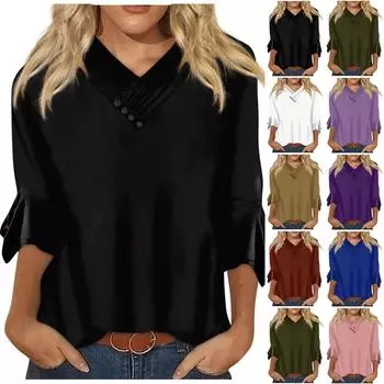 Женская модная свободная повседневная футболка с V-образным вырезом и пуговицами, однотонная, с рукавом семь четвертей XXXL фиолетовый