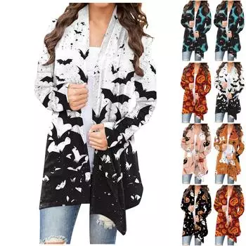 Женская мода свободный повседневный кардиган с длинным рукавом и принтом Хэллоуина, топы M белый