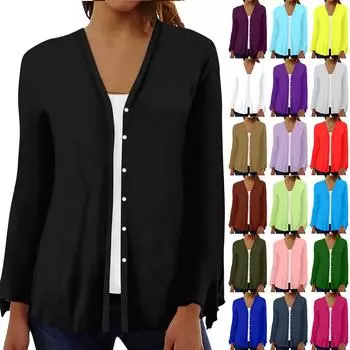 Women s Fashion Loose Casual Solid Colour Long Sleeve Button Down Shirt Cardigan Top L чёрный