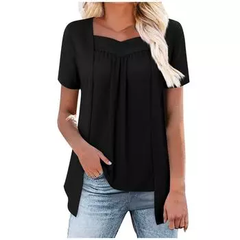 Women s Fashion Loose T-shirt Fake Two Piece Short Sleeve Solid Color Casual Top L чёрный