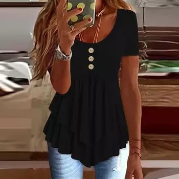 Women s Fashion Loose Three Button Casual Solid Colour Short Sleeve T-Shirt Top L чёрный