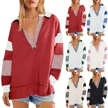 Women s Fashion Loose V Neck Long Sleeved Pullover Split Splicing Casual Sweatshirt Top L чёрный
