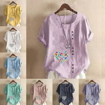 Women s Fashion Love Butterfly Prined Round Neck Short Sleeve T-shirt Casual Cotton Linen Graphic Shirt Leisure Loose Summer Blouse Tops S розовый