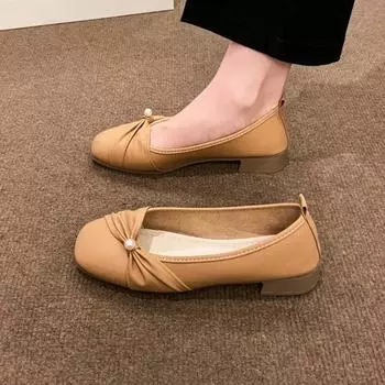 Women s Fashion Low Heel Mary Jane Shoes Autumn New Shallow Mouth Pearl Soft Sole Anti-slip Wear-resistant Single Shoes 35 бежевый