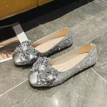 Женская мода Туфли Мэри Джейн Осень Новые квадратные туфли с легким вырезом и блестками, бабочка-узел, мягкая подошва 35 чёрный