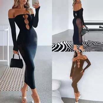Женское модное сетчатое платье с длинными рукавами и вырезом на груди, сексуальное платье на бедрах в пакете M чёрный