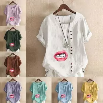 Women s Fashion Mouth Prined Round Neck Short Sleeve T-shirt Casual Cotton Linen Graphic Shirt Leisure Loose Summer Blouse Tops S розовый