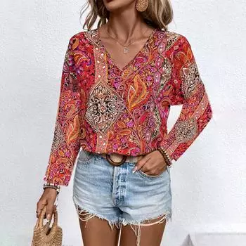 Women s Fashion Paisley Print V Neck Long Sleeve Shirt Top L красный