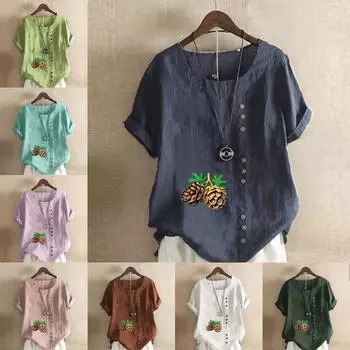 Женская мода с принтом шишки, короткий рукав, футболка, свободная хлопковая рубашка, повседневная свободная летняя блузка, топы больших размеров S розовый
