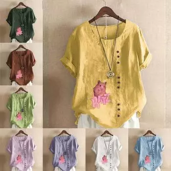 Женская модная розовая футболка с круглым вырезом и коротким рукавом с принтом «Мышь», повседневная рубашка из хлопка и льна с рисунком, свободная летняя блузка для отдыха, топы S розовый