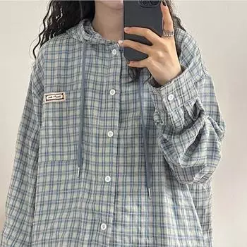 Женская модная клетчатая рубашка с капюшоном, весенне-осенняя, свободного кроя, с длинными рукавами, в корейском стиле, трендовая, универсальная, женские блузки S