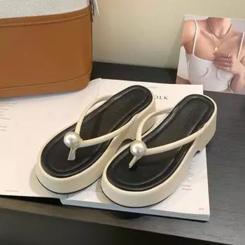 Women s Fashion Platform Slippers Summer New Round Head Toe Pearl Soft Sole Anti-slip Wear-resistant Flip-flops 35 грязно-белый