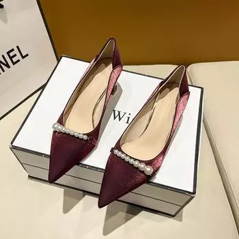 Women s Fashion Pointed Head Shallow Mouth Beaded High Heels with A Temperament of Autumn New Thick Heel Shoes 35 бежевый