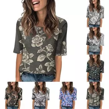 Women s Fashion Printed Round Neck Button Half Sleeve Casual Top L чёрный