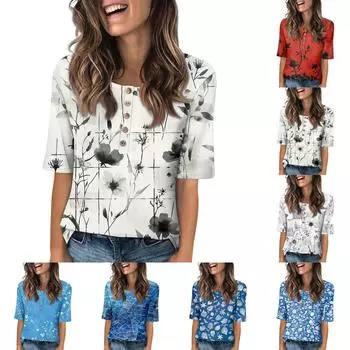 Women s Fashion Printed Round Neck Button Half Sleeve Casual Top M