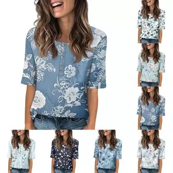 Women s Fashion Printed Round Neck Button Half Sleeve Casual Top L синий