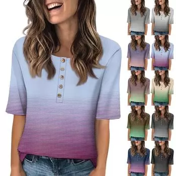 Women s Fashion Printed Round Neck Button Half Sleeve Casual Top XXL