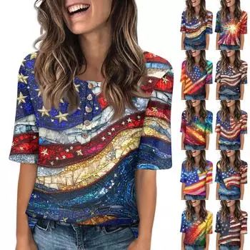 Women s Fashion Printed Round Neck Button Half Sleeve Casual Top XL