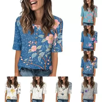 Women s Fashion Printed Round Neck Button Half Sleeve Casual Top XL фиолетовый