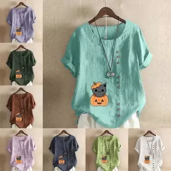 Women s Fashion Pumpkin Cat Prined Round Neck Short Sleeve T-shirt Casual Cotton Linen Graphic Shirt Leisure Loose Summer Blouse Tops S розовый