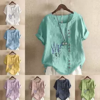 Женская мода фиолетовые цветы напечатаны круглый вырез короткий рукав футболка повседневная хлопок лен графическая рубашка досуг свободные летние блузки топы S розовый