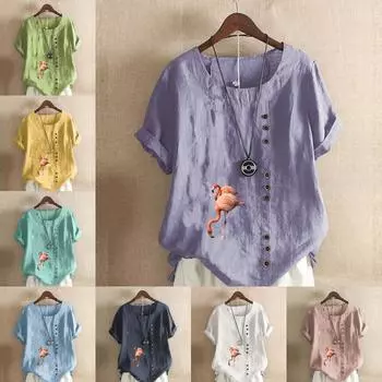 Women s Fashion Red-crowned Crane Print Short Sleeve T-shirt Loose Cotton Shirt Casual Loose Summer Blouse Tops Plus Size S розовый