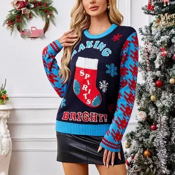 Women s Fashion Red Long Sleeve Round Neck Sweater M