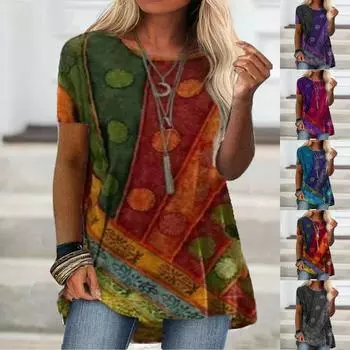 Женская мода в стиле ретро с круглым вырезом, повседневная футболка с короткими рукавами и цифровой печатью, топ M винный