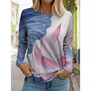 Women s Fashion Retro Tops Long Sleeve Round Neck Pullover Casual Long Sleeve T-shirt 3d Printed Lotus Print T-shirt S