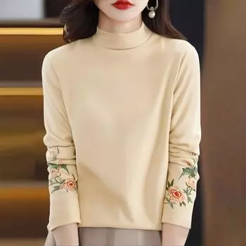 Women s Fashion Retro Velvet Literary Embroidery High Neck Long Sleeve T-Shirt Top M бежевый