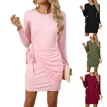 Women s Fashion Round Neck Belt Knot Long Sleeve Solid Color Tight Dress XL