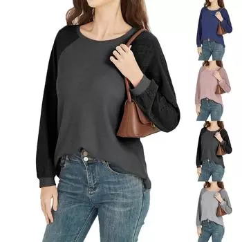 Women s Fashion Round Neck Loose Casual Splicing Solid Color T-shirt Tops XL чёрный