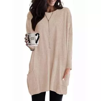 Women s Fashion Round Neck Pocket Mid-Length Casual Solid Color Long Sleeve Top S бежевый