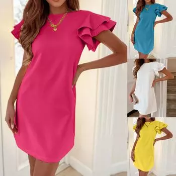 Женское модное однотонное платье с круглым вырезом и рюшами и рукавами L синий