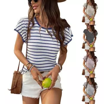 Women s Fashion Round Neck Ruffle Sleeve Striped Short Sleeved Pullover Top L чёрный