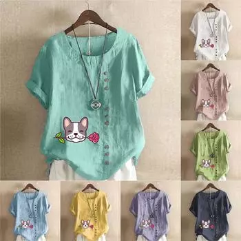 Женская мода с круглым вырезом и коротким рукавом, повседневная хлопковая льняная рубашка с рисунком, свободная летняя блузка с милым собачьим принтом, топы больших размеров S розовый